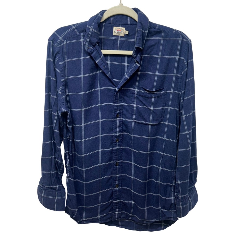 Faherty Movement Shirt Mens Small Navy Blue Windowpane Check MWF2309 Long Sleeve
